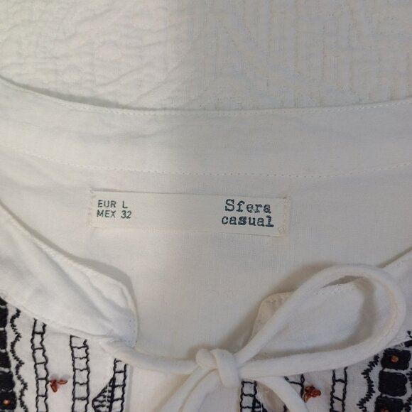 Sfera Blouse Casual Embroidered Boho Womens Tassel Tie Front & Buttoned Cuffs L - Picture 2 of 10